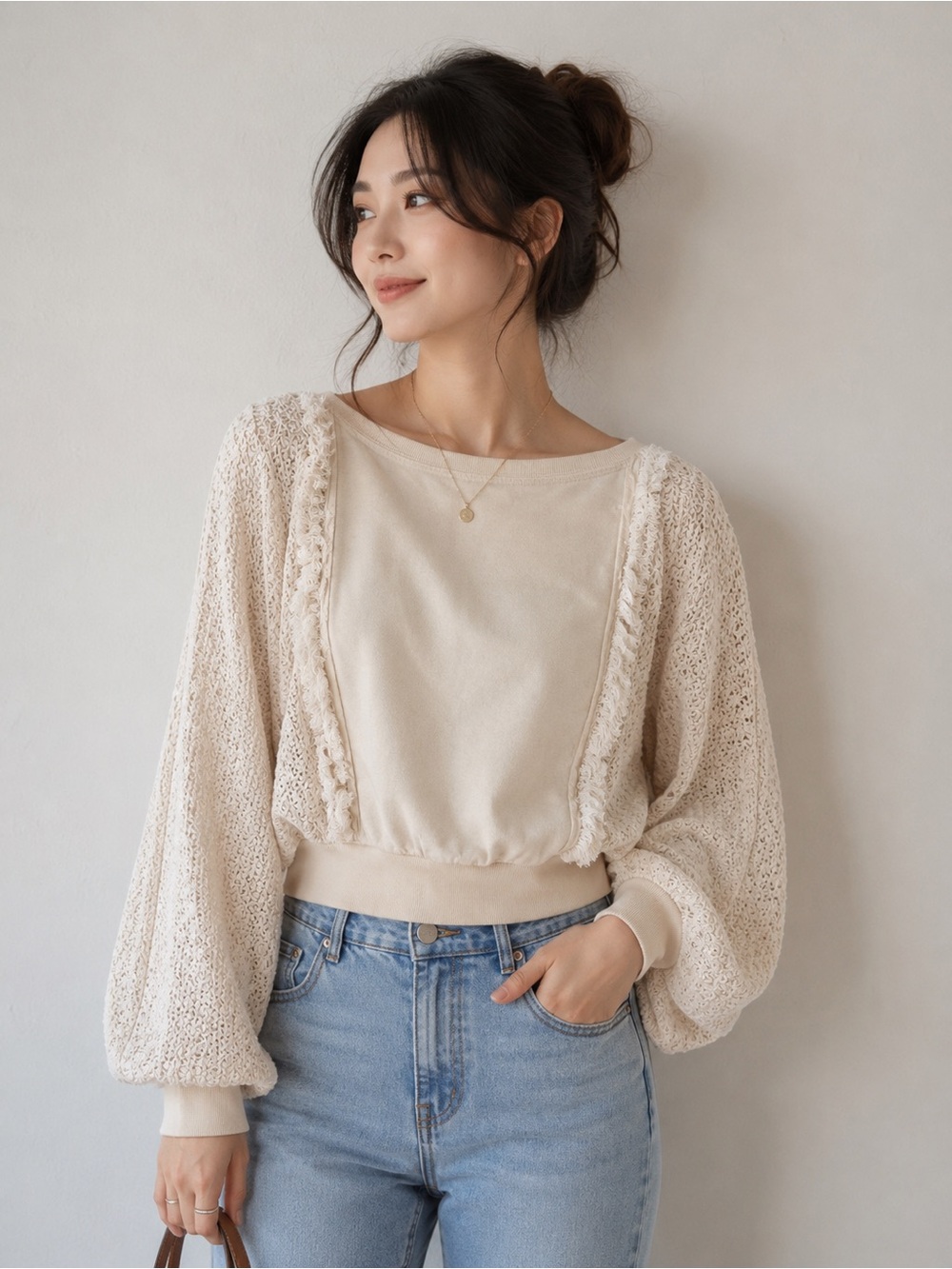 Free People Cream Knit Fringe-Trim Pullover Sweater